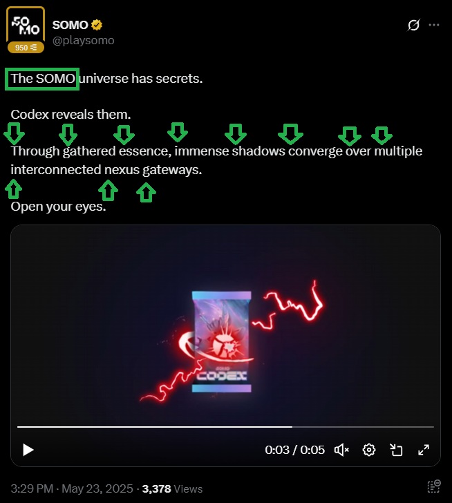 The <a href="/playsomo/">SOMO</a> post had a bit of mystery to it and the only person to figure it out was <a href="/brianramos_eth/">Brian Ramos</a> 

"The SOMO TGE is coming, Open your eyes"