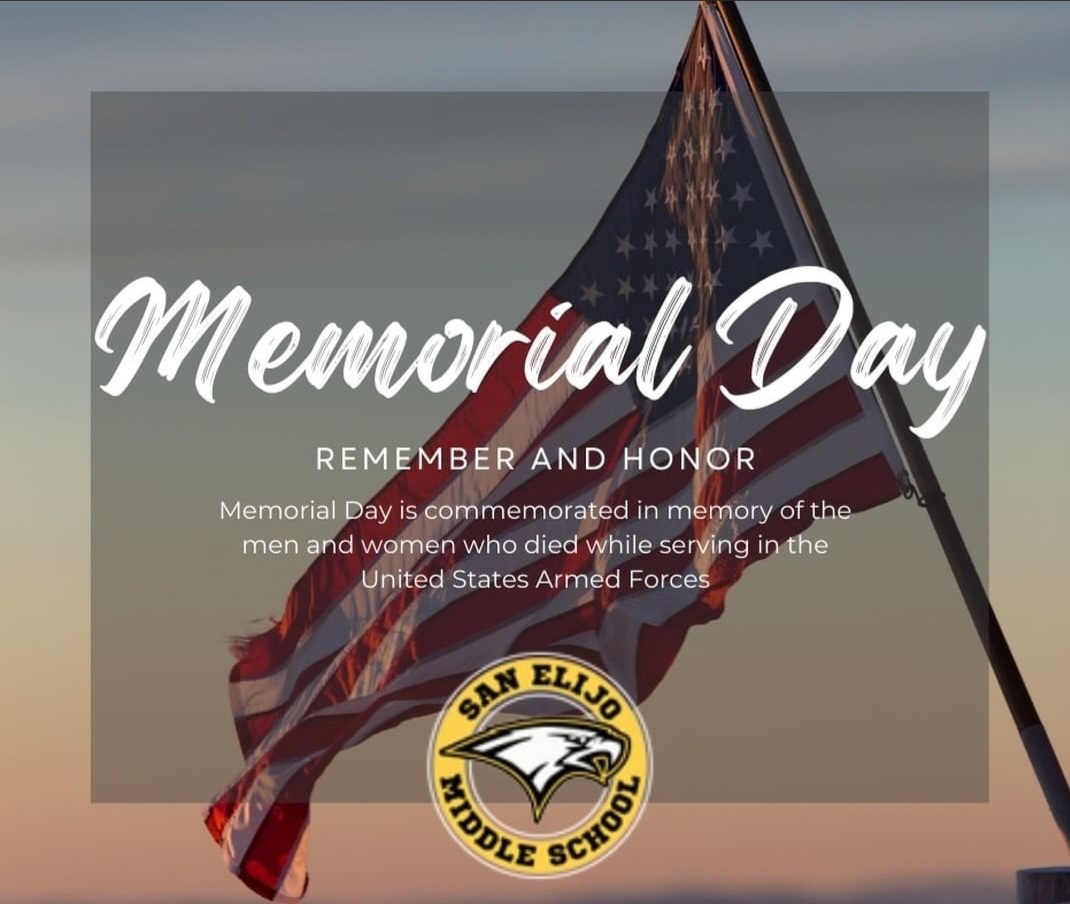 #SanElijoMS News 
5/26: Memorial Day holiday
Thru 5/27: ASB Gr 8 Dance Tickets sold online
5/27-30: CAASPP makeup testing
5/28: <a href="/BandSEMS/">SEMS Music Program</a> Spring Concert @ CCAE 6pm
5/29: Spanish finals
5/30: Spirit Day
--Gr 6 History: Roman Roads event
--Gr 8 Dance: A Night in Hollywood @ PAC 6pm