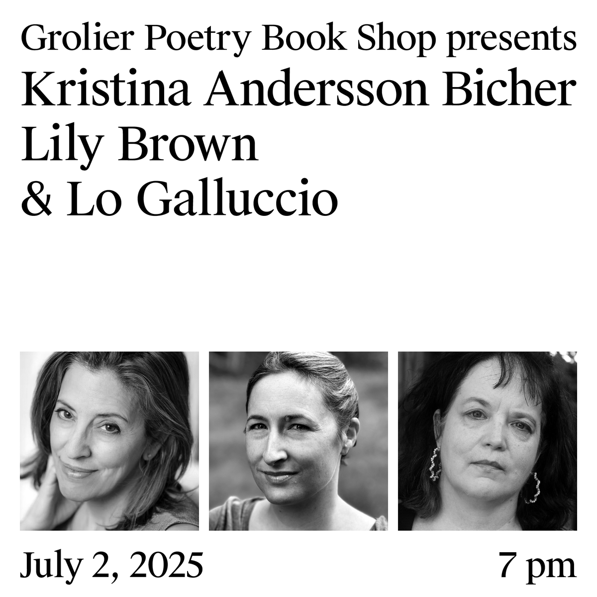 Kristina Andersson Bicher, Lily Brown and Lo Galluccio are reading at the shop on Wednesday, July 2nd, 2025. Tom Daley is giving the introductions. Please join us in person or virtually. Sign up via our website.