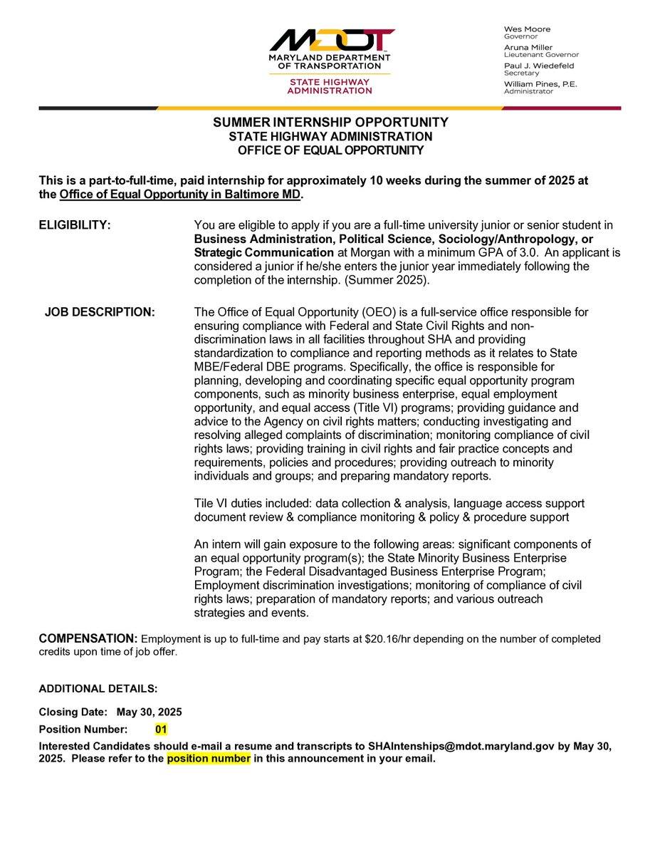 NTCMorgan's tweet image. MDOT SHA offer is offering three paid summer internships for MSU students at their Equal Opportunity, Construction, and Policy & Research offices in the Baltimore area!
To apply, email your resume and transcripts to SHAInternships@mdot.maryland.gov by May 30
