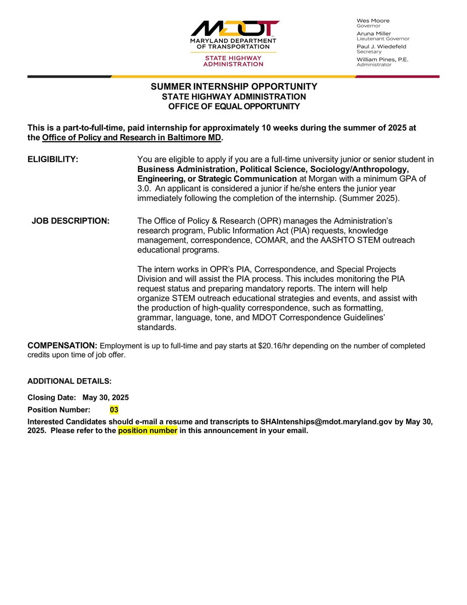NTCMorgan's tweet image. MDOT SHA offer is offering three paid summer internships for MSU students at their Equal Opportunity, Construction, and Policy & Research offices in the Baltimore area!
To apply, email your resume and transcripts to SHAInternships@mdot.maryland.gov by May 30