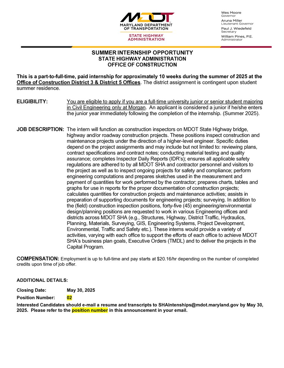 NTCMorgan's tweet image. MDOT SHA offer is offering three paid summer internships for MSU students at their Equal Opportunity, Construction, and Policy & Research offices in the Baltimore area!
To apply, email your resume and transcripts to SHAInternships@mdot.maryland.gov by May 30