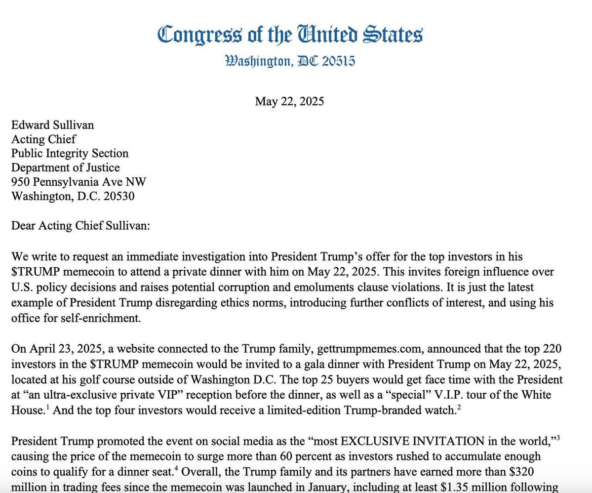 π¨ BREAKING: "35 membri della Camera dei Rappresentanti degli Stati Uniti chiedono al DOJ di indagare sul 'memecoin dinner' di Trump per possibili violazioni delle leggi federali"