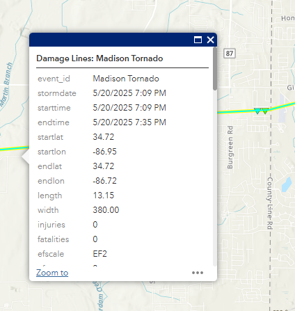 SeMi_Wx's tweet photo. @Wx_Louisiana @BadWeatherTake The TORE post/issuance went out at 7:24pm, and the tornado continued until 7:35 PM. The two EF2 125 mph DIs were recorded at 7:33 PM according to the DAT so this is just not true at all. https://t.co/nDYHsIi89t