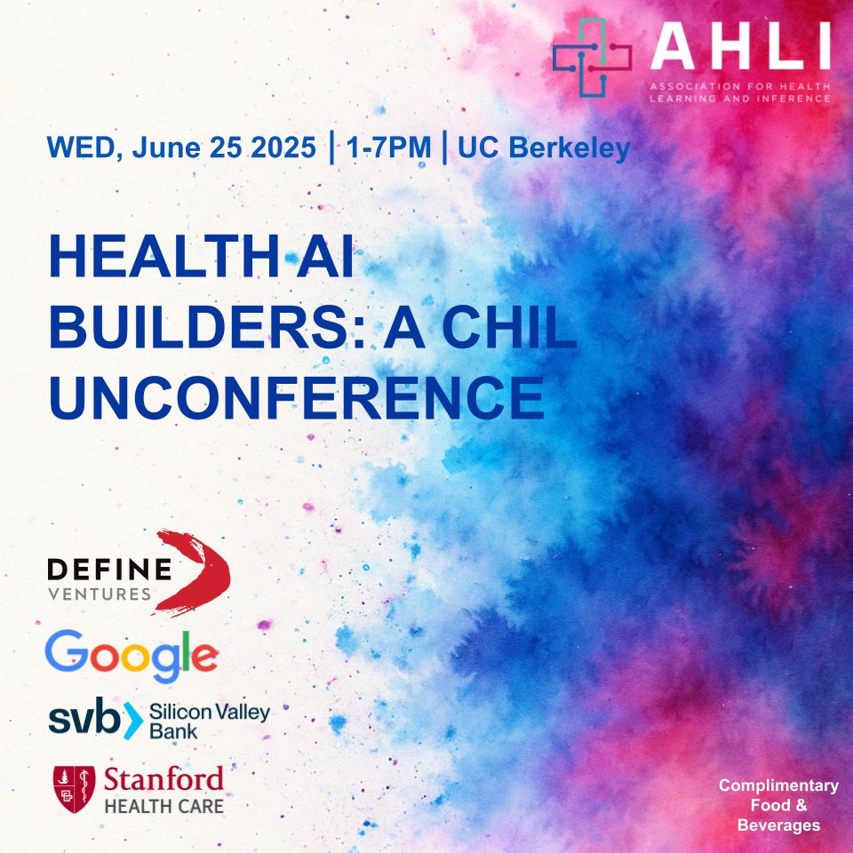 CHILconference's tweet image. 🚨 Calling all health AI founders &amp;amp; builders!
Join us at Health AI Builders: A CHIL Unconference — June 25th @ UC Berkeley.

💡 Real talk on AI, regulation, GTM, &amp;amp; fundraising
👥 Small-group convos, big impact
🎯 Apply to attend: lu.ma/2arsxv64
#CHIL2025 #HealthAI #ML4H