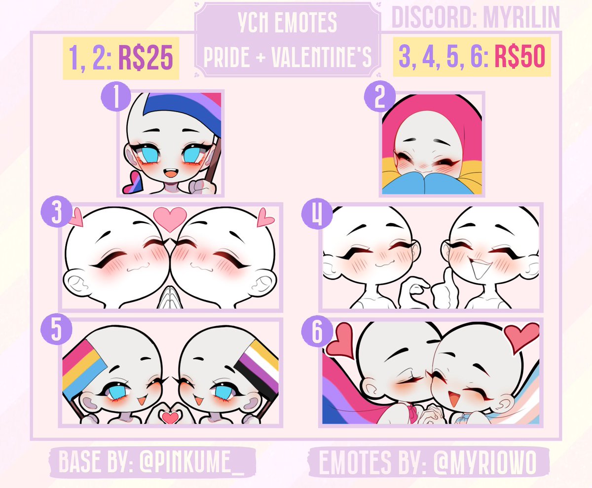 Abrindo alguns slots limitados desses YCH fofíssimos pro dia dos namorados e pride month que tá chegando aí :o
Interessados me chamarem nas DMs aqui ou no Discord