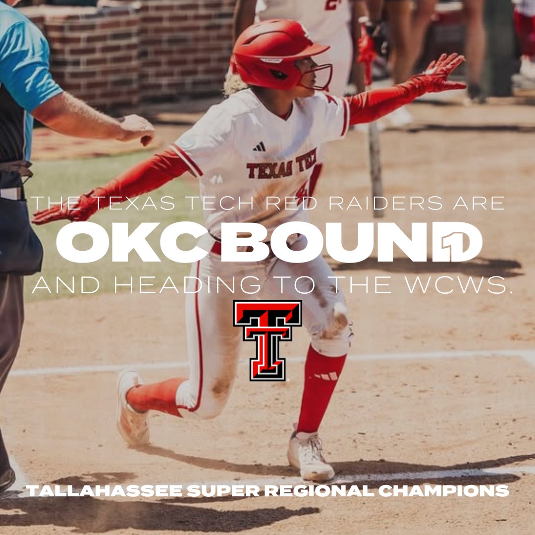 D1Softball (@d1softball) on Twitter photo NEXT STOP ➡️ OKC
The Texas Tech Red Raiders are headed to the #WCWS for the first time in program history.
<a href="/TexasTechSB/">Texas Tech Softball</a> x #RoadtoWCWS NEXT STOP ➡️ OKC
The Texas Tech Red Raiders are headed to the #WCWS for the first time in program history.
<a href="/TexasTechSB/">Texas Tech Softball</a> x #RoadtoWCWS