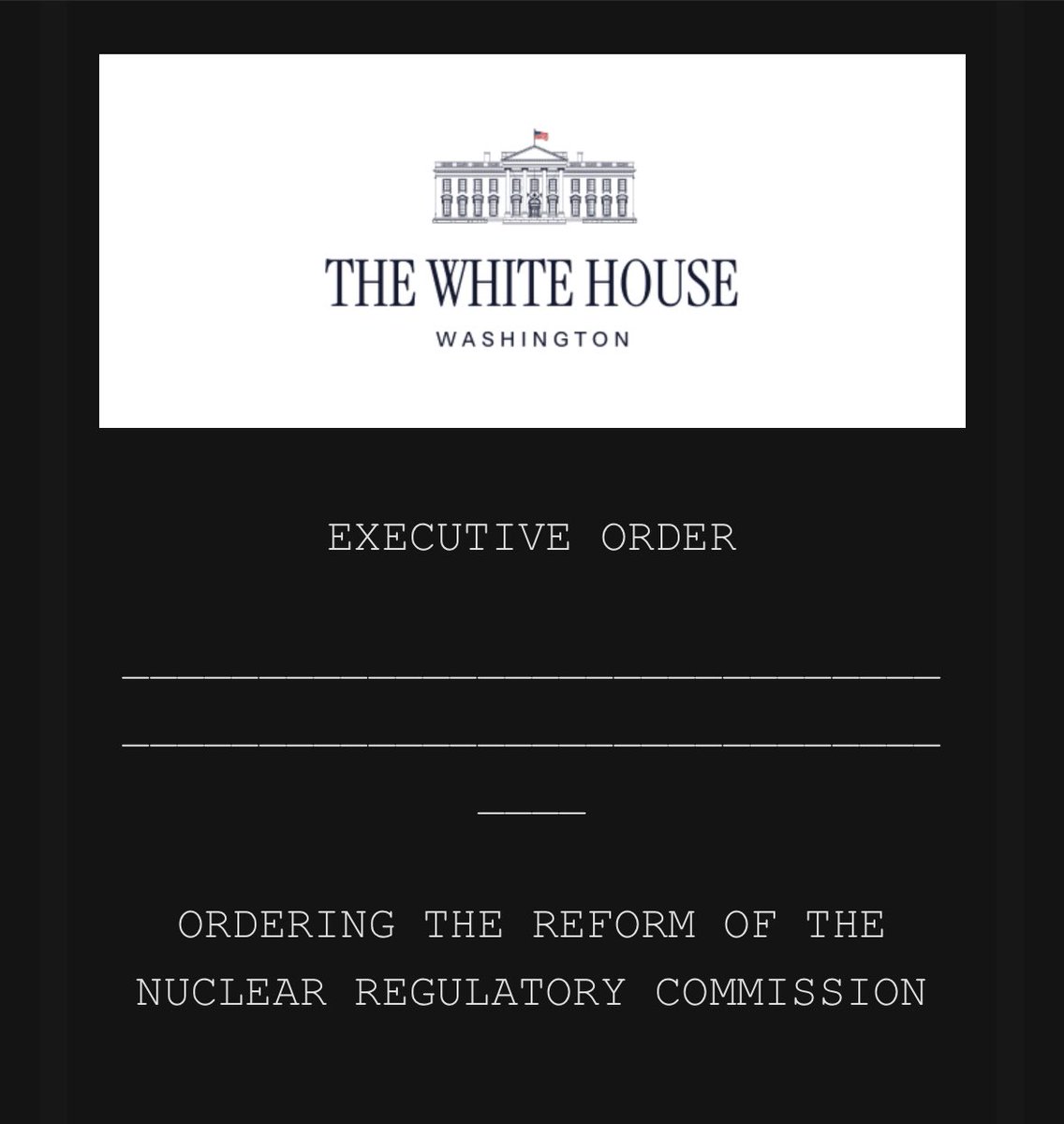 The White House just dropped an executive order significantly shaking up operations at <a href="/NRCgov/">NRC</a>, the federal government’s nuclear safety regulator widely regarded as the “gold standard” for global nuclear power safety operations.

I used to cover NRC closely. Here are some notes🧵