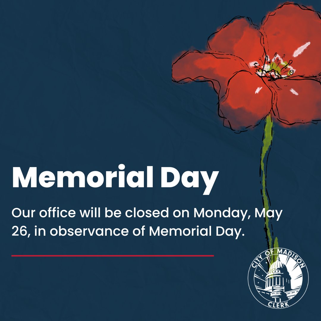 Madison WI Clerk (@madisonwiclerk) on Twitter photo The <a href="/CityofMadison/">City of Madison, Wisconsin</a> Clerk's Office will be closed on Monday, May 26 in observance of Memorial Day.
cityofmadison.com/clerk The <a href="/CityofMadison/">City of Madison, Wisconsin</a> Clerk's Office will be closed on Monday, May 26 in observance of Memorial Day.
cityofmadison.com/clerk