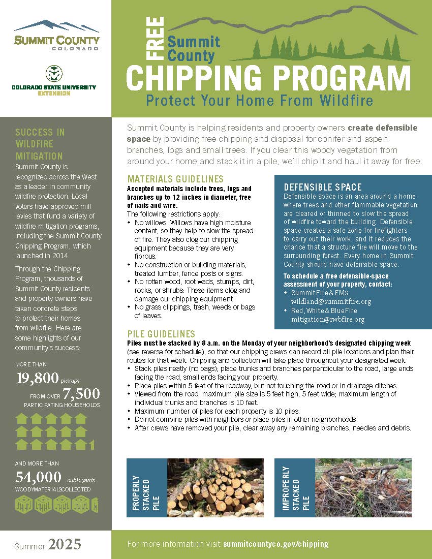 June 2-6 Summit County chipping program will be in Frisco to help create defensible space by providing free chipping and disposal of branches, logs and small trees. Find out more at bit.ly/4dtgRFH