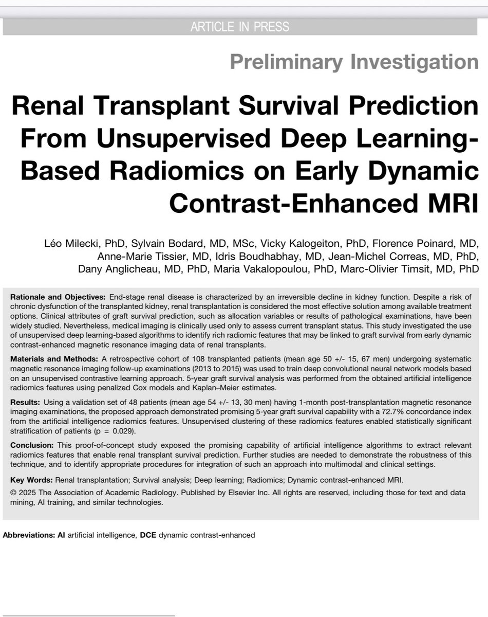 Marc-Olivier Timsit, MD, PhD 🎗️ (@urologieparis) on Twitter photo Congrats <a href="/leomlck/">Léo Milecki</a> and team for our paper released in <a href="/AcadRadiol/">Academic Radiology</a> exploring a novel deep learning based methodology to extract radiomic features from allograft mpMRI. <a href="/MariaVakalopou1/">Maria Vakalopoulou</a> <a href="/DanyAnglicheau/">Dany Anglicheau</a>
sciencedirect.com/science/articl… Congrats <a href="/leomlck/">Léo Milecki</a> and team for our paper released in <a href="/AcadRadiol/">Academic Radiology</a> exploring a novel deep learning based methodology to extract radiomic features from allograft mpMRI. <a href="/MariaVakalopou1/">Maria Vakalopoulou</a> <a href="/DanyAnglicheau/">Dany Anglicheau</a>
sciencedirect.com/science/articl…