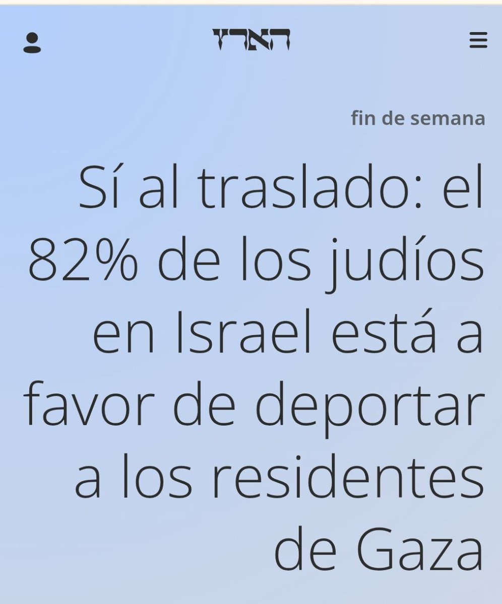 Daniel Lobato 𓂆 (@dlobatob) on Twitter photo El 82% de la sociedad israelí apoya la limpieza étnica total de Gaza según un estudio de <a href="/Haaretz/">Haaretz הארץ</a>.
Los medios siempre te han hecho creer que el problema era el actual gobierno israelí, Netanyahu o sus ministros extremistas, y que todo podría ser diferente si hubiera otros El 82% de la sociedad israelí apoya la limpieza étnica total de Gaza según un estudio de <a href="/Haaretz/">Haaretz הארץ</a>.
Los medios siempre te han hecho creer que el problema era el actual gobierno israelí, Netanyahu o sus ministros extremistas, y que todo podría ser diferente si hubiera otros