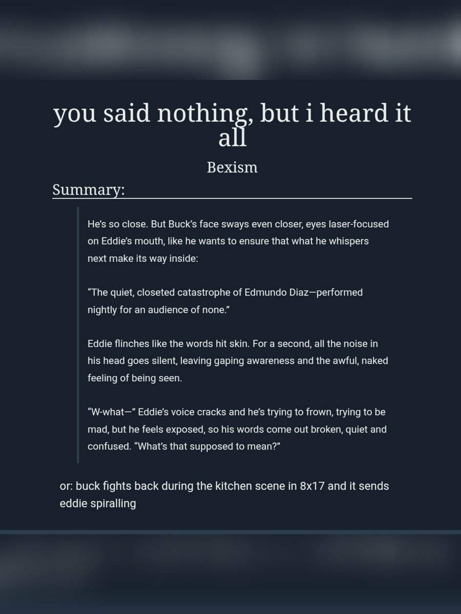 you said nothing, but i heard it all

⭐ explicit
⭐ buddie
⭐ 12,500 words
⭐ complete
⭐ ust + a little angst

🔗archiveofourown.org/works/65830516