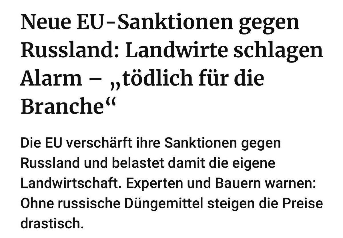 EU macht den Trump und erhebt Strafzölle auf #Dünger aus Russland. Die Folge werden steigende Lebensmittelpreise in Europa sein. 
- Wie oft will man sich eigentlich noch ins eigene Knie schiessen?! 
berliner-zeitung.de/politik-gesell…