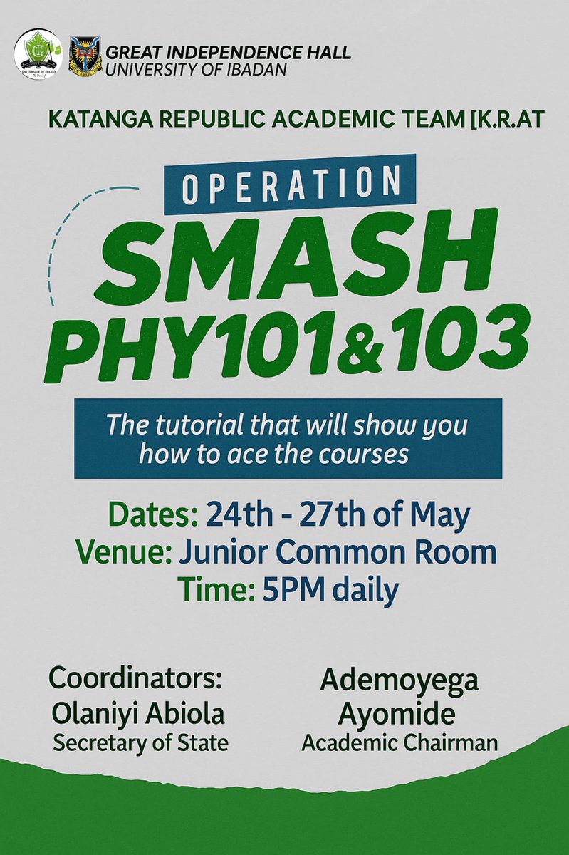 katangarepublic's tweet photo. Katanga Freshers! π’ K.R.A.T presents "OPERATION SMASH PHY 101 & 103" starting TOMORROW! β‘
ποΈ Sat, May 24th - Tues, May 27th
β° *5:00 PM DAILY*
π JCR, Indy Hall
Ace those Physics courses! Don't miss out! Be there! π
#SmashPHY #KRATTutorials #KatangaFreshers #UIbadan #Physics https://t.co/d9KJuPOgtU