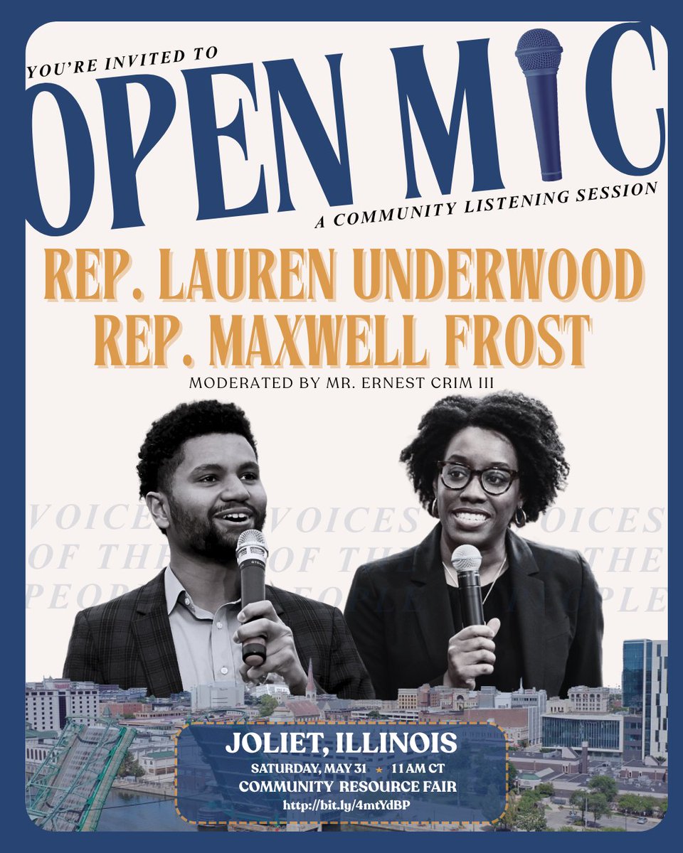 Rep. Lauren Underwood (@repunderwood) on Twitter photo Joliet! Next Saturday, <a href="/RepMaxwellFrost/">Congressman Maxwell Alejandro Frost</a> is joining us for a community conversation on how YOU can get engaged, speak up, and join the work to defend our values.
We hope you can join us! RSVP here: eventbrite.com/e/community-li… Joliet! Next Saturday, <a href="/RepMaxwellFrost/">Congressman Maxwell Alejandro Frost</a> is joining us for a community conversation on how YOU can get engaged, speak up, and join the work to defend our values.
We hope you can join us! RSVP here: eventbrite.com/e/community-li…