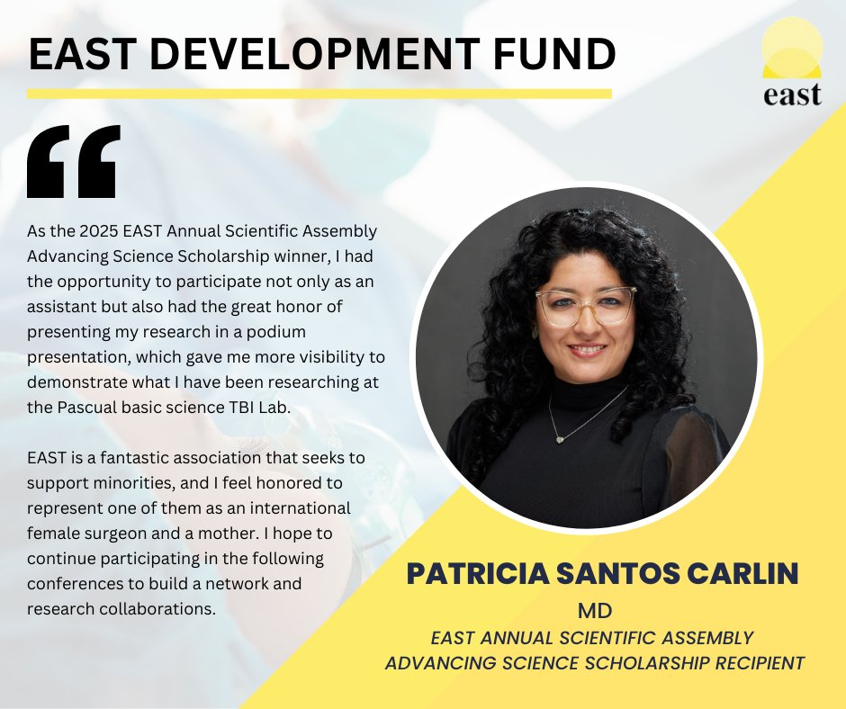 EAST (@east_trauma) on Twitter photo Traumatic injury is a public health challenge, but thanks to your generosity, we can support trauma leaders like Dr. <a href="/PatyScarlin/">Patricia Santos Carlin, MD</a> who are working to prevent injury and save lives. Donate to the EAST Development Fund & help support the future of trauma care. Traumatic injury is a public health challenge, but thanks to your generosity, we can support trauma leaders like Dr. <a href="/PatyScarlin/">Patricia Santos Carlin, MD</a> who are working to prevent injury and save lives. Donate to the EAST Development Fund & help support the future of trauma care.