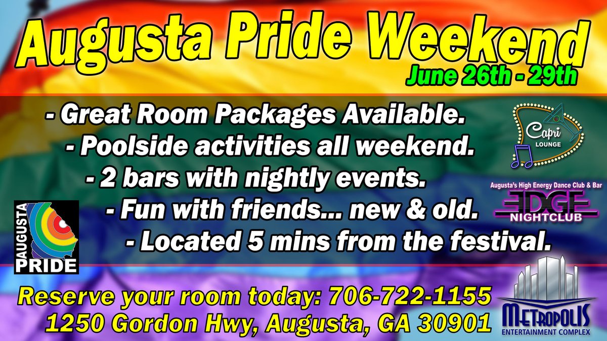 Summer is knocking on our door, so is Augusta Pride 2025! Rooms are filling up for this 3-day event full of fun and parties. Get your reservation in soon. Call to book. 706-722-1155
MetropolisComplex.com/AugustaPride