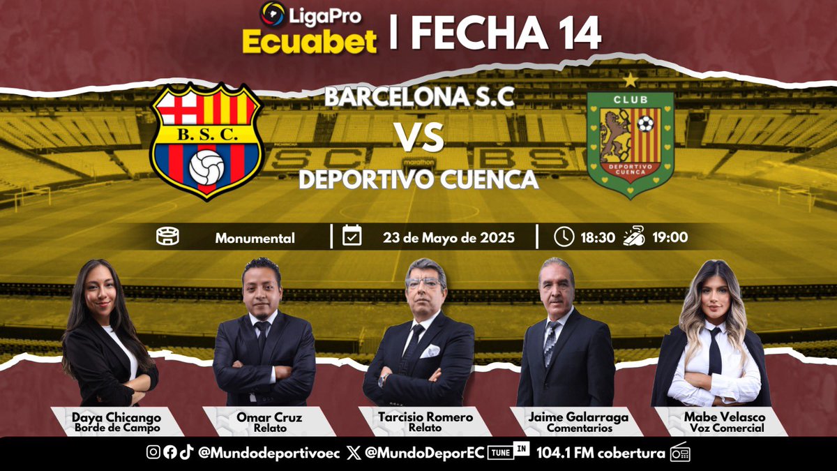 MUNDO DEPORTIVO EC ๐ช๐จ (@mundodeporec) on Twitter photo ๐ยกLIGAPRO! seguimos desde el Monumental por la 14 fecha de la #LigaProEcuabet
<a href="/BarcelonaSC/">BARCELONA S.C.</a> ๐ <a href="/DCuencaOficial/">Club Deportivo Cuenca</a>
๐๏ธ <a href="/TarcisioRomero/">Tarcisio Romero</a>
๐๏ธ <a href="/capuchon_sports/">OMAR CRUZ (Capuchon)</a>
๐๏ธ <a href="/jaimegalarraga/">Jaime Galarraga</a>
๐๏ธ <a href="/ChicangoDayana/">Dayana Chicango</a>
๐ฃ๏ธ <a href="/mabe_velasco/">Mabe</a> ๐ยกLIGAPRO! seguimos desde el Monumental por la 14 fecha de la #LigaProEcuabet
<a href="/BarcelonaSC/">BARCELONA S.C.</a> ๐ <a href="/DCuencaOficial/">Club Deportivo Cuenca</a>
๐๏ธ <a href="/TarcisioRomero/">Tarcisio Romero</a>
๐๏ธ <a href="/capuchon_sports/">OMAR CRUZ (Capuchon)</a>
๐๏ธ <a href="/jaimegalarraga/">Jaime Galarraga</a>
๐๏ธ <a href="/ChicangoDayana/">Dayana Chicango</a>
๐ฃ๏ธ <a href="/mabe_velasco/">Mabe</a>