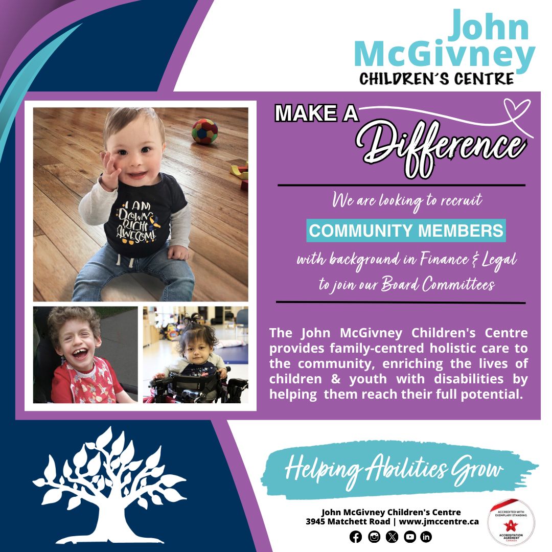 We’re seeking professionals with Finance or Legal experience to join our Board Committees at JMCC. Help shape services for children &amp; youth with disabilities. For more information &amp; to apply: jmccentre.ca/news/lend-your…