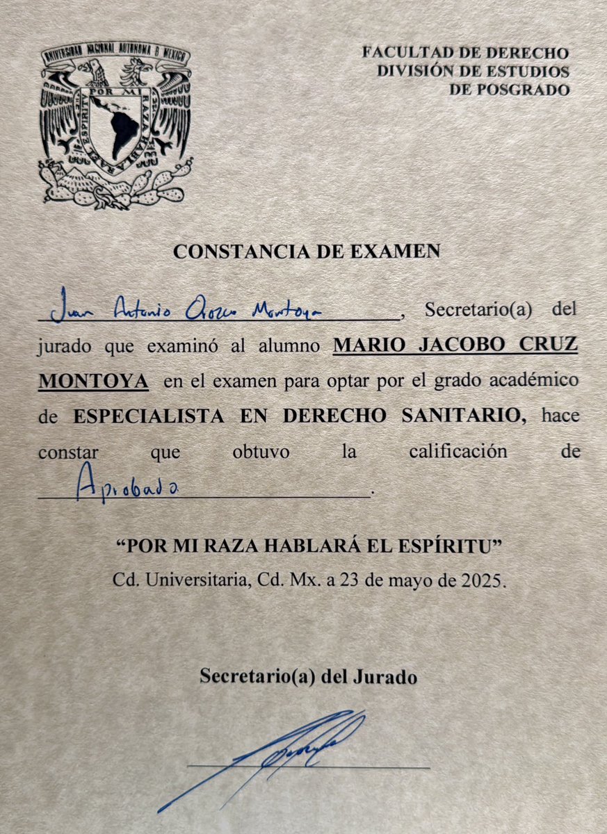 El día de hoy concluí oficialmente mis estudios de Especialidad en Derecho Sanitario. 

Estoy satisfecho y profundamente agradecido por quienes siempre me acompañaron en el camino. ¡Gracias totales!

<a href="/UNAM_MX/">UNAM</a>