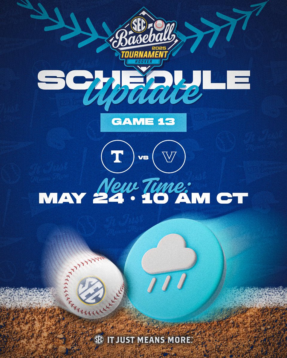Southeastern Conference (@sec) on Twitter photo 🗓️ SCHEDULE UPDATE
Due to a forecast of inclement weather for Saturday afternoon, Game 13 between <a href="/Vol_Baseball/">Tennessee Baseball</a> & <a href="/VandyBoys/">Vanderbilt Baseball</a> – originally scheduled for Noon CT – will now begin Saturday morning at 10 AM CT.
Game 14 (WG11 vs. WG12) will follow 30 minutes after the conclusion of 🗓️ SCHEDULE UPDATE
Due to a forecast of inclement weather for Saturday afternoon, Game 13 between <a href="/Vol_Baseball/">Tennessee Baseball</a> & <a href="/VandyBoys/">Vanderbilt Baseball</a> – originally scheduled for Noon CT – will now begin Saturday morning at 10 AM CT.
Game 14 (WG11 vs. WG12) will follow 30 minutes after the conclusion of
