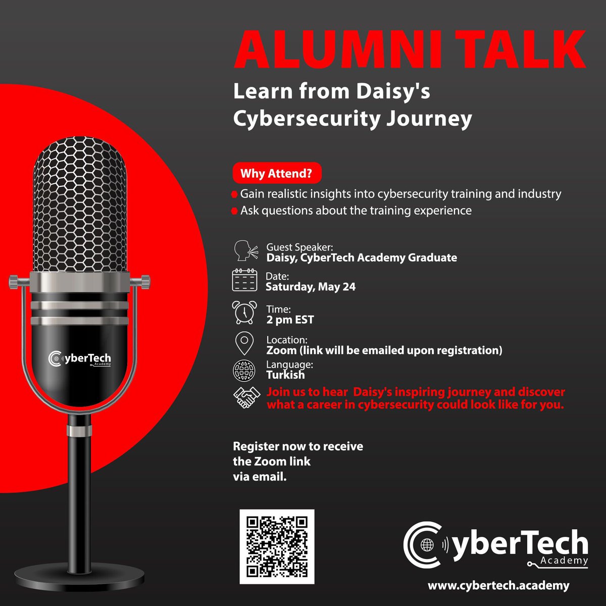 cybertechacad's tweet image. 🎓 Alumni Talk: Learn from Daisy’s Cybersecurity Journey 🎓

🗣 Guest Speaker: Daisy, CyberTech Academy Graduate
🗓 Date: Saturday, May 24
🕑 Time: 2 pm EST
🌏 Language: Turkish

🔗 Registration: us02web.zoom.us/webinar/regist…

Please register to receive the Zoom link via email.