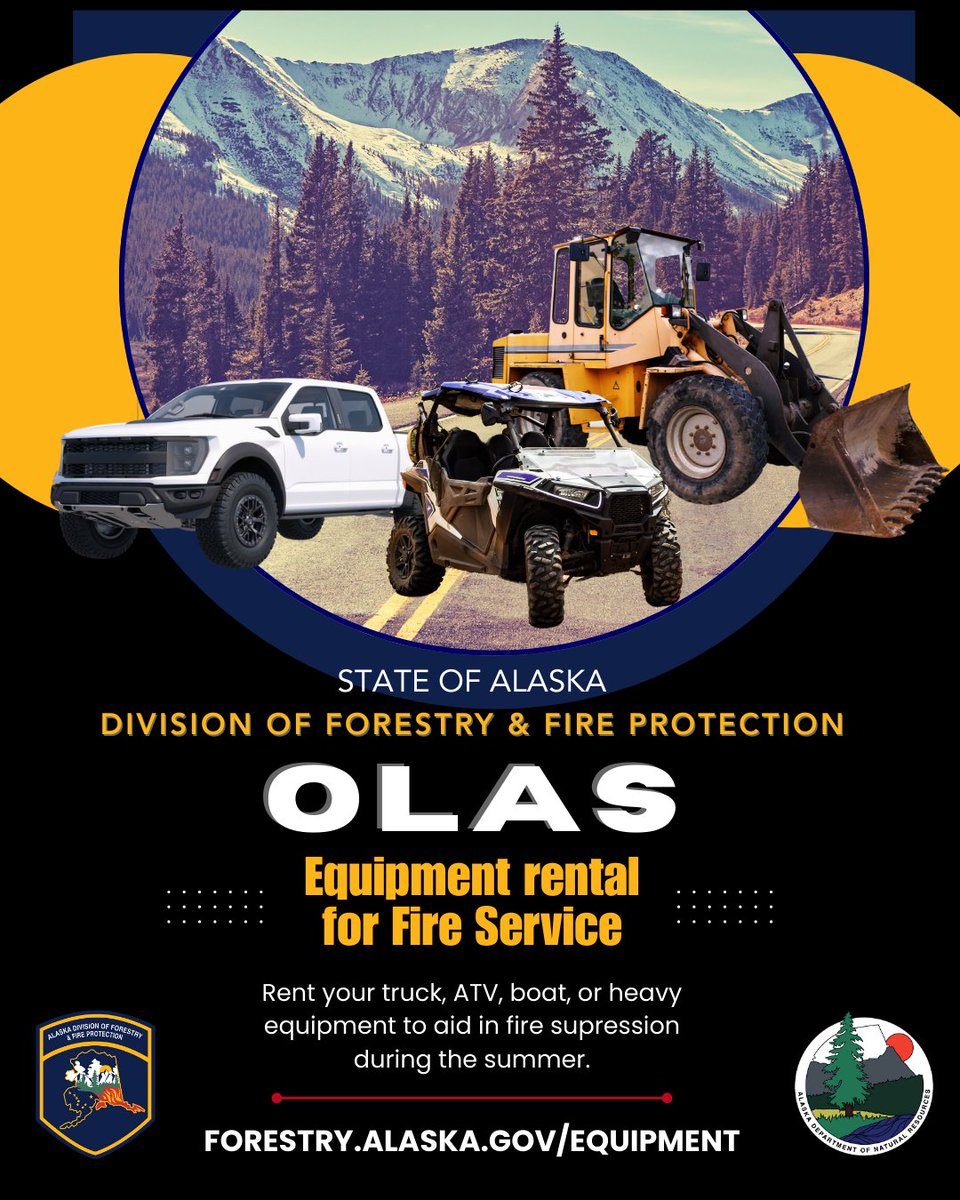 AK_Forestry's tweet photo. Own a truck, boat, ATV, or heavy equipment? 🚜🚙

Rent it to us during fire season and support Alaska’s wildfire response.
Earn income while helping protect your community.

For more Information:
🔗 https://t.co/scALKN7LgR

#OLAS #AlaskaFire #WildfirePreparedness https://t.co/oMsrgUFsXq