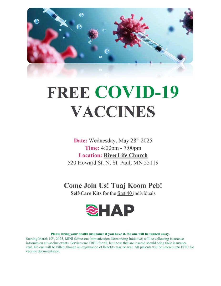 💉 Free COVID-19 Vaccines
📅 Join us May 28 at RiverLife Church!
🧴 Self-care kits for the first 40 people

Come join us! Tuaj koom peb!

#HAP #HmongAmericanPartnership #FreeVaccines