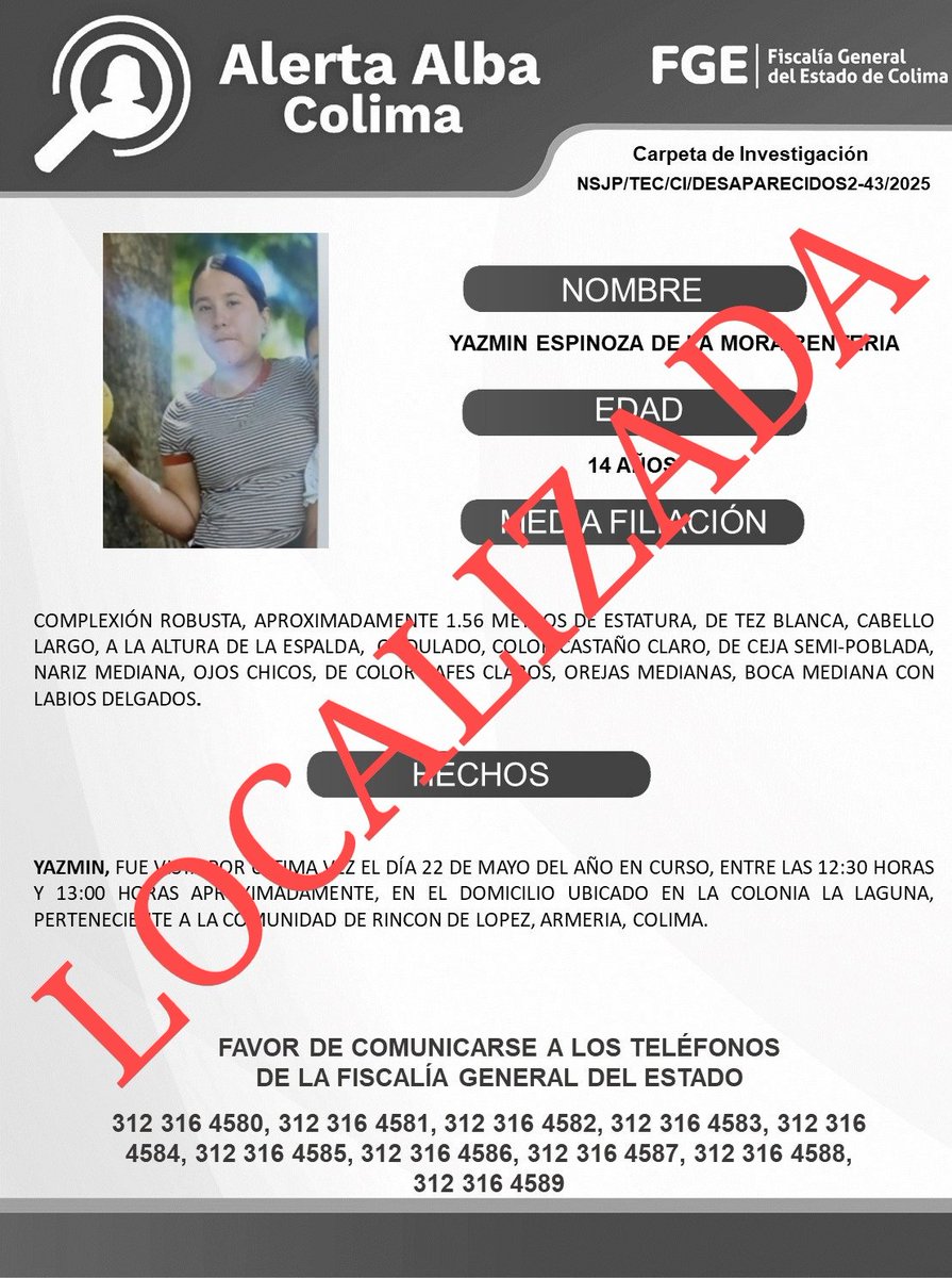 Jazmín Espinoza ya fue localizada. El Protocolo Alerta Alba agradece el apoyo de medios de comunicación y la colaboración de la sociedad mediante llamadas a las líneas 089 y 911, así como la información que se compartió a través de redes sociales.