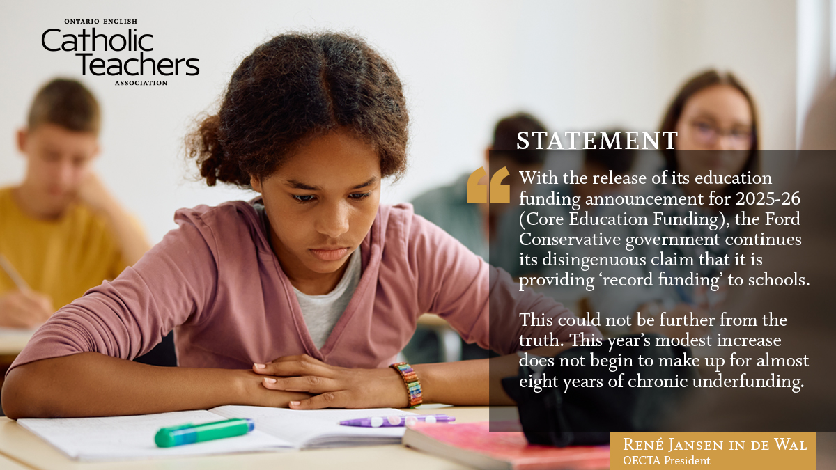 Catholic Teachers (@oectaprov) on Twitter photo Calling it 'record funding' doesn't make it true.
This year's Core Education Funding is another instance of the Ford government over promising and under delivering – #OntEd students deserve better.
Full statement from <a href="/OECTAprez/">René Jansen in de Wal, OECTA President</a> René Jansen in de Wal: catholicteachers.ca/News-Events/Ne… Calling it 'record funding' doesn't make it true.
This year's Core Education Funding is another instance of the Ford government over promising and under delivering – #OntEd students deserve better.
Full statement from <a href="/OECTAprez/">René Jansen in de Wal, OECTA President</a> René Jansen in de Wal: catholicteachers.ca/News-Events/Ne…