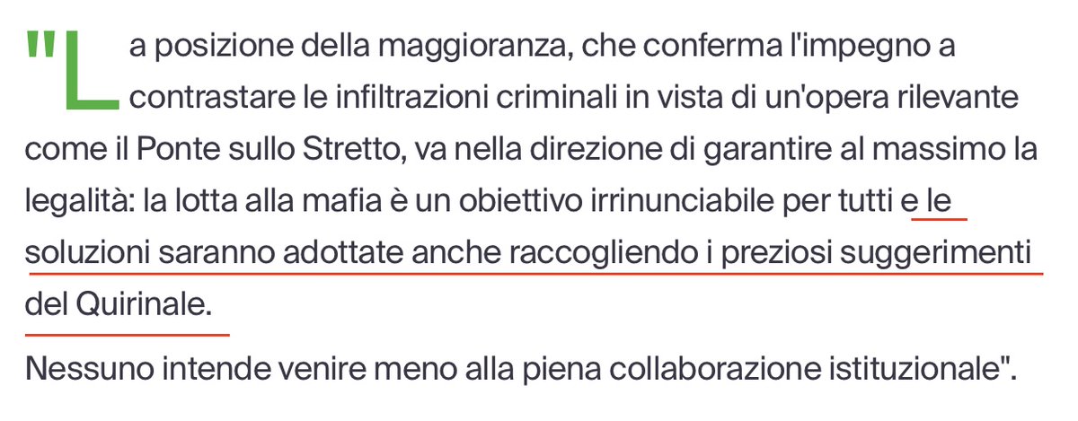 Nel decreto Infrastrutture era stata inserita una norma che, per il ponte sullo Stretto, depotenziava i controlli antimafia, accentrandoli presso il ministero dell'Interno.

Mattarella aveva bloccato la norma, e il decreto era stato adottato con la sua cancellazione. Ma Salvini