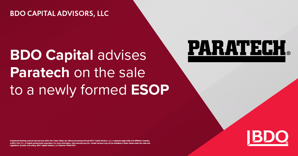BDO Capital served as exclusive financial advisor to Paratech on this transaction, which builds on the firm’s robust ESOP advisory experience. Congratulations to Paratech and all the teams working on the deal! Details: bdousa.com/42Ga4VG 

#ESOP #BusinessAdvisory