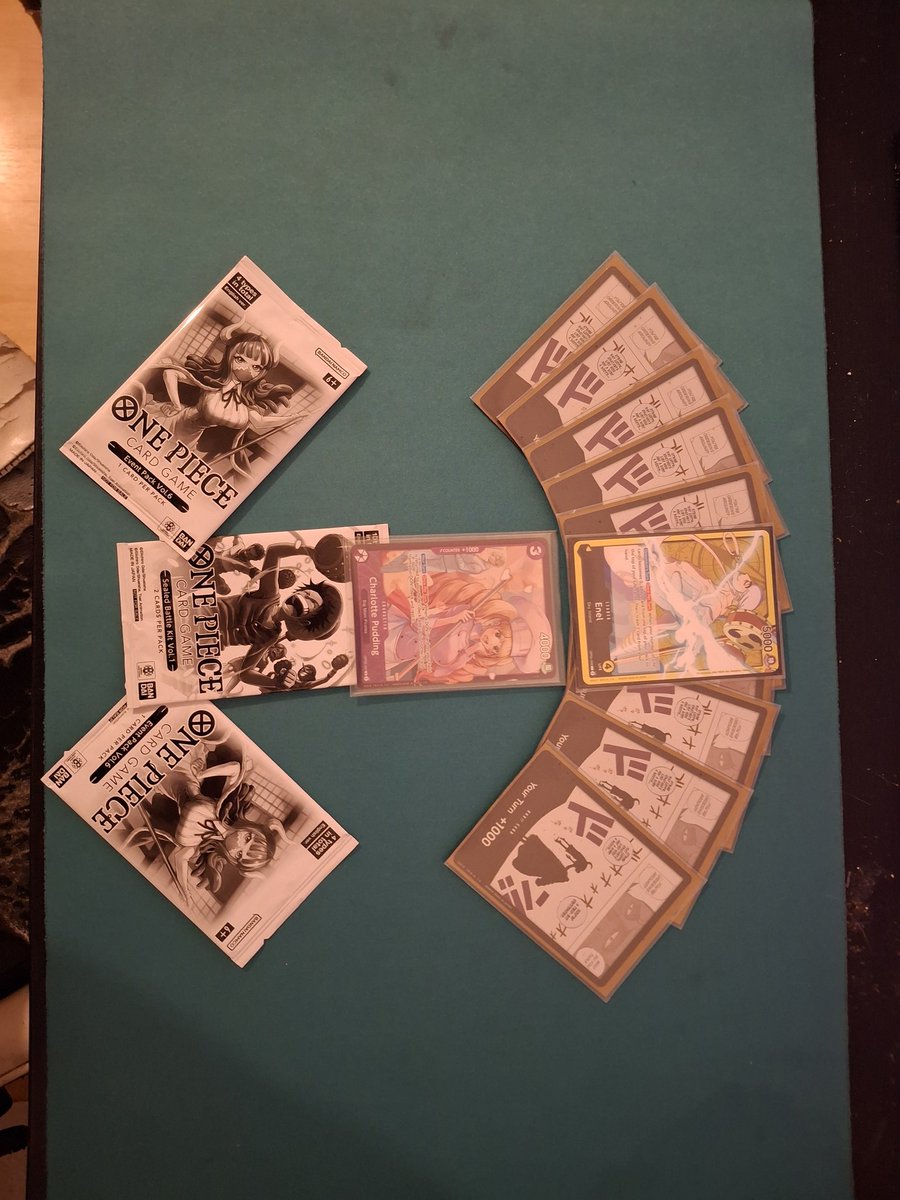 Hab mich heute mal spontan dazu entschieden den Treasure Cup zu gewinnen 5:0
Deck : Enel 🟡
R1 Bonney 🟢
R2 GP Luffy 🟢
R3 Shanks 🟢
R4 Y Kid 🟢
R5 Vegapunk🟢🎲

This is a OP TCG twitter now.