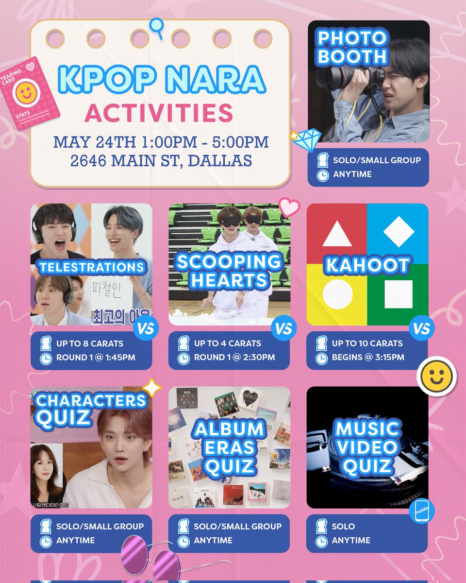 Carats! Here are the activities we'll have at Kpop Nara Dallas tomorrow! We can't wait to see everyone and celebrate Seventeen together! 🩷🩵💎

🅿️🚘 For those unfamiliar with Kpop Nara, please check their pinned post on IG for parking information! 📌 instagram.com/p/DHtW4ikuBCF/…