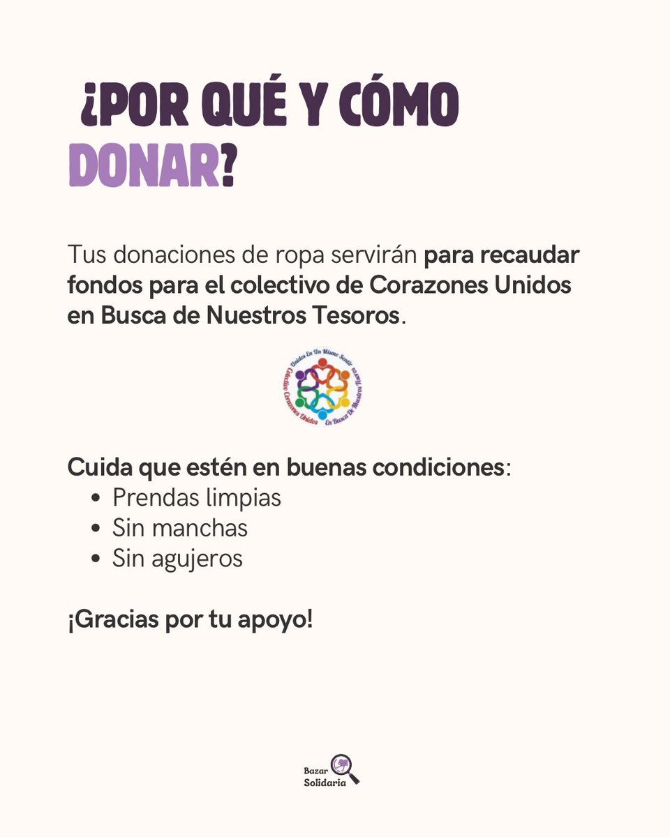 BazarSolidaria's tweet photo. Ya estamos recibiendo donaciones para la séptima edición de Bazar Solidaria en beneficio del colectivo Corazones Unidos en Busca de Nuestros Tesoros. 🙌🏼🤍

Puedes donar ropa en buen estado para el bazar o realizar donaciones en especie para el colectivo. 👗🎒🥽 https://t.co/0mJbO4ibvT