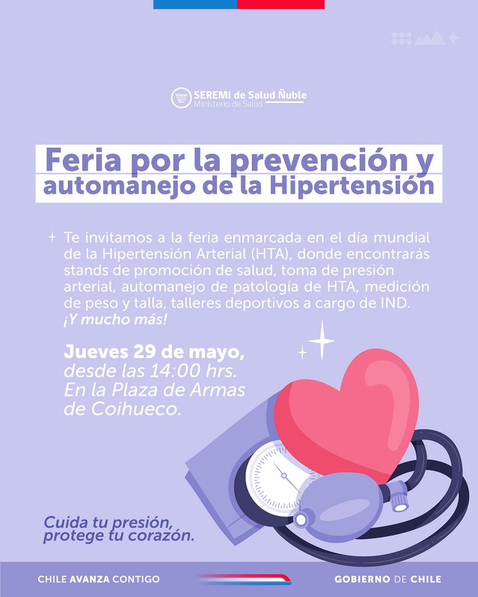 🩺💜 ¡Cuida tu presión, protege tu corazón!
Te invitamos a participar en la Feria por la prevención y automanejo de la Hipertensión, organizada por la Seremi de Salud Ñuble 🏥, en el marco del Día Mundial de la Hipertensión Arterial.