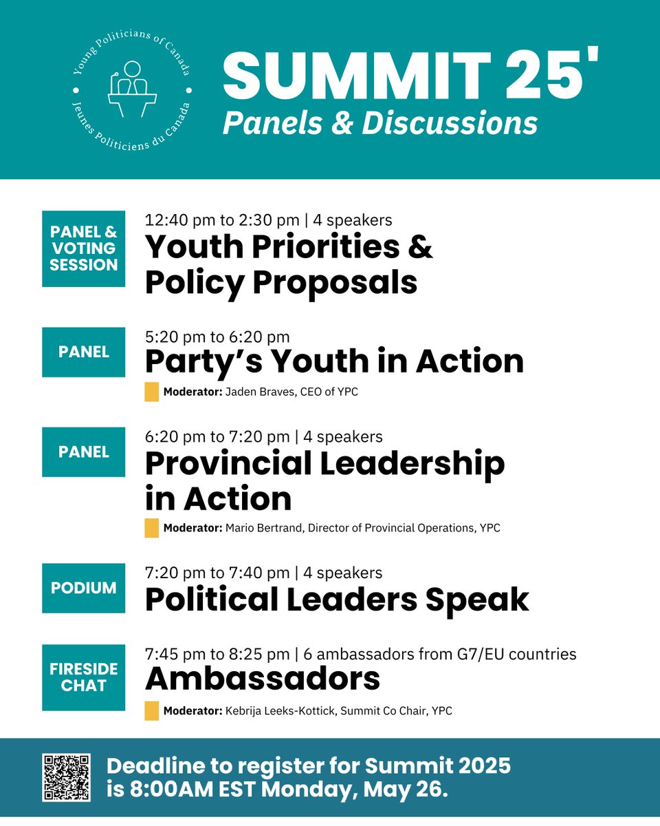 At Summit 25', the Young Politicians of Canada will host a series of panels and discussions featuring prominent youth leaders and distinguished political figures from across the country.
