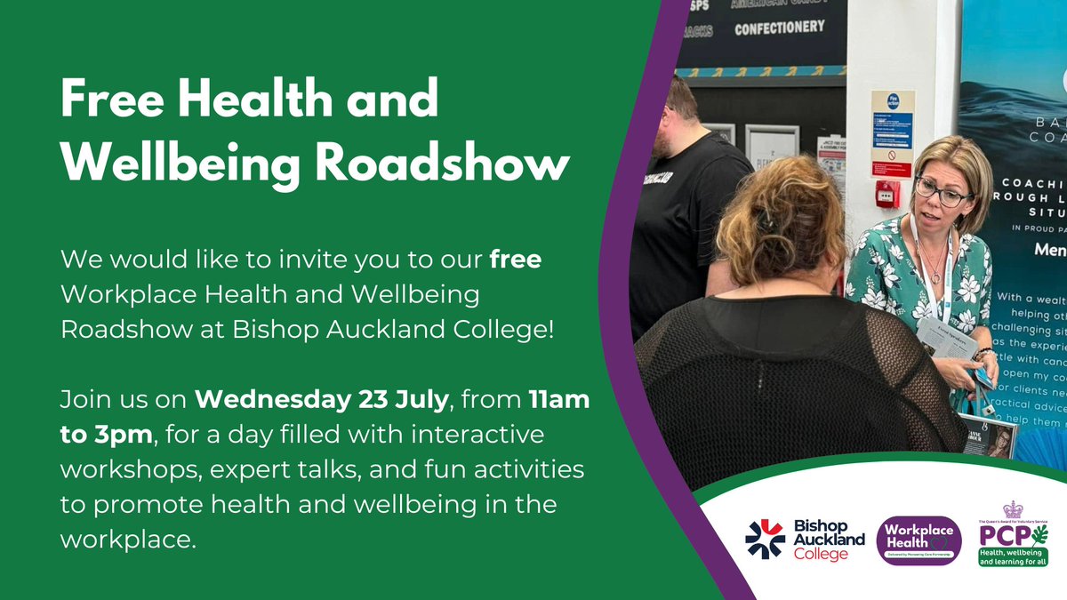 Join us for our free Health and Wellbeing Roadshow this July! 💚

On Wednesday 23 July, from 11am to 3pm, we will be hosting our workplace health and wellbeing roadshow at Bishop Auckland College. 

Come along to join in with our interactive workshops and fun activities!