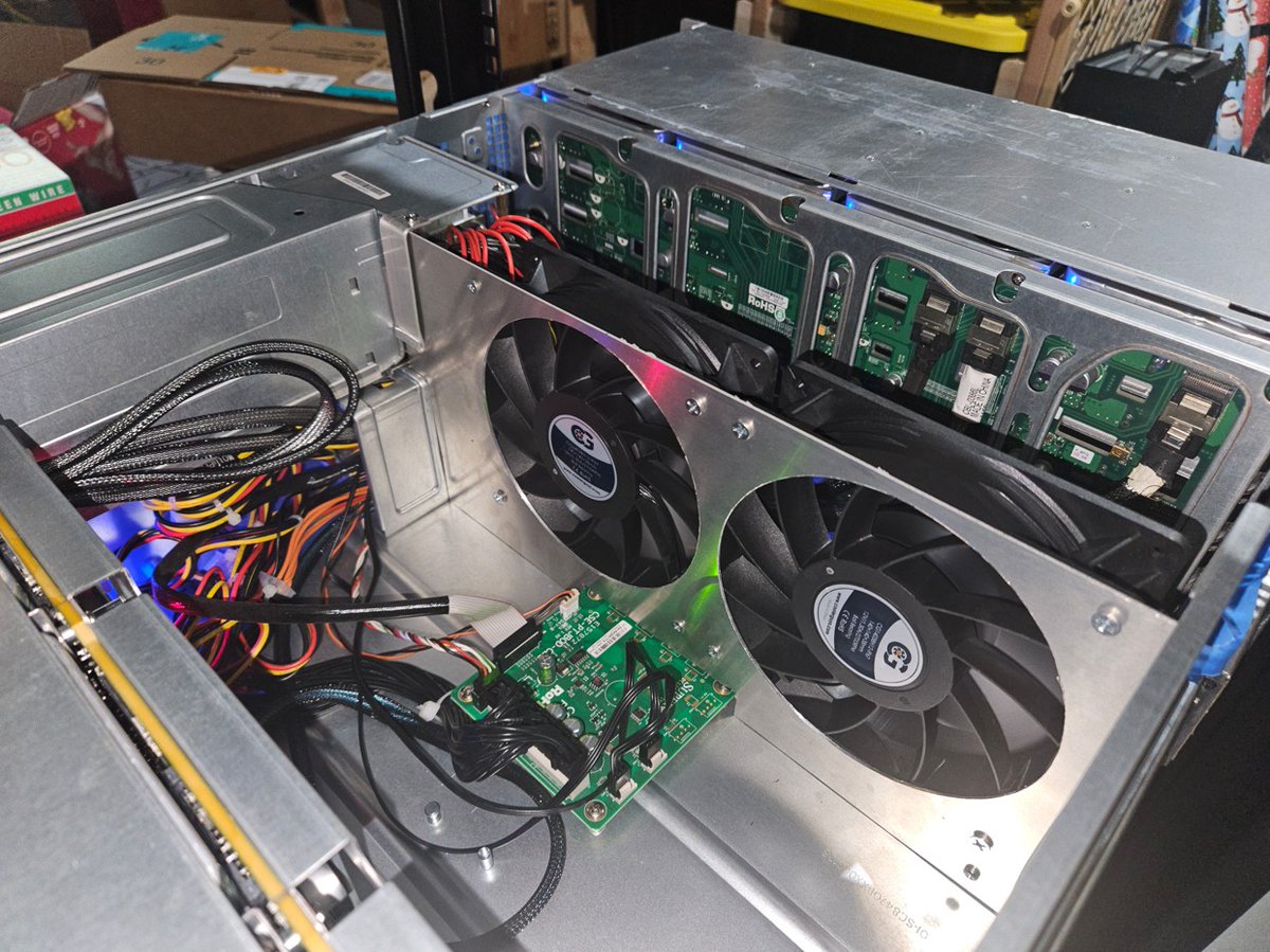 Custom-cut aluminum fan wall for the CSE847. Dual CoolerGuys 140x38mm fans, 211CFM, 11.6 mmH2O static pressure. Probably at revision 10 by now. Still cannot get temps down to the screaming-loud 80mm stock fans. I think I give up... These 45-bay cases are dense! #SuperMicro