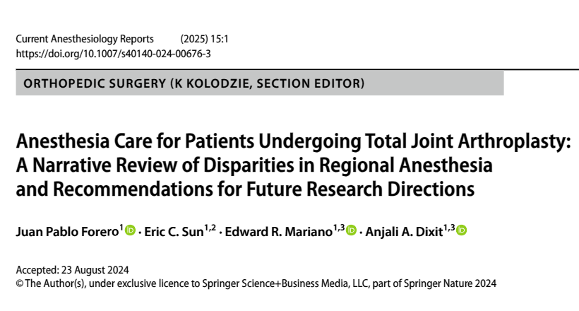 Ed Mariano, MD, MAS, FASA, FASRA 🇺🇸🇵🇭 (@emarianomd) on Twitter photo Our newest paper just posted to PubMed! Disparities in #regionalanesthesia for total joint arthroplasty pubmed.ncbi.nlm.nih.gov/40385291/
Link to read full article: link.springer.com/epdf/10.1007/s…
<a href="/JPForeroMD/">Juan Pablo Forero, MD</a> <a href="/aadixit/">Anjali Dixit, MD, MPH</a> <a href="/ericsunmd/">Eric Sun</a> Our newest paper just posted to PubMed! Disparities in #regionalanesthesia for total joint arthroplasty pubmed.ncbi.nlm.nih.gov/40385291/
Link to read full article: link.springer.com/epdf/10.1007/s…
<a href="/JPForeroMD/">Juan Pablo Forero, MD</a> <a href="/aadixit/">Anjali Dixit, MD, MPH</a> <a href="/ericsunmd/">Eric Sun</a>