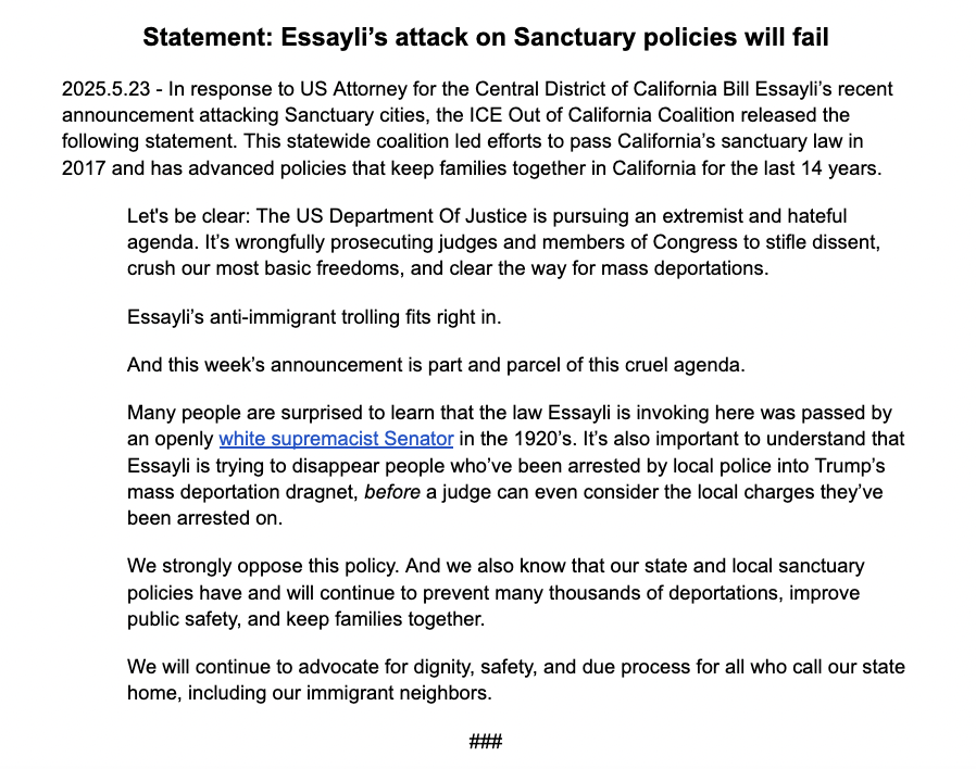 Essayli's new attack on sanctuary cities is part and parcel of a cruel agenda to dismantle basic rights and separate families. 

But our sanctuary policies have and will continue to keep families together and improve safety.

Our statement ⬇️