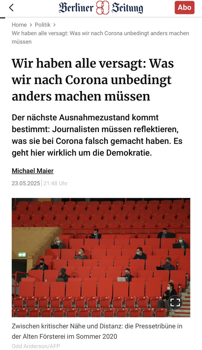 Jessica Hamed (@jeha2019) on Twitter photo Ein lesenswerter kritischer (Rück-)Blick vom Herausgeber der <a href="/berlinerzeitung/">Berliner Zeitung</a>, Dr. Michael Maier, auf die Herausforderungen des Journalismus und dessen Versagen in der Corona-Krise. Der Artikel endet mit einer klaren Botschaft:
„Die größte Herausforderung für den Journalismus – Ein lesenswerter kritischer (Rück-)Blick vom Herausgeber der <a href="/berlinerzeitung/">Berliner Zeitung</a>, Dr. Michael Maier, auf die Herausforderungen des Journalismus und dessen Versagen in der Corona-Krise. Der Artikel endet mit einer klaren Botschaft:
„Die größte Herausforderung für den Journalismus –