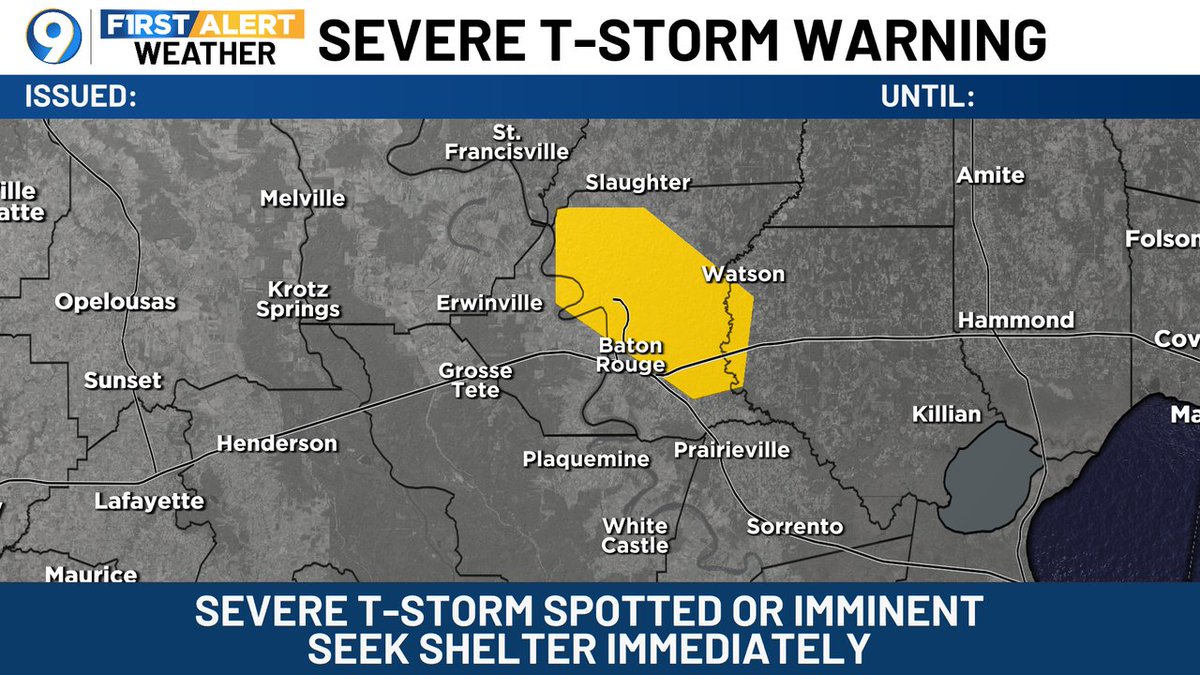 A SEVERE T-STORM WARNING has been issued for the areas in yellow. Seek shelter indoors until the storms pass. More &gt;&gt; wafb.com/weather?utm_me… #LAwx