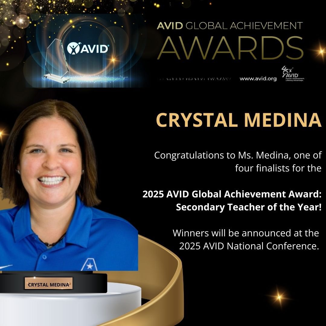 AVID (@humbleisd_avid) on Twitter photo We’re proud to celebrate Ms. Crystal Medina from <a href="/HumbleISD_AMS/">Atascocita Middle School</a> as a 2025 AVID Global Achievement Award Finalist for Secondary Teacher of the Year! 🌟 She’s transforming lives through education every day! 💙👏 #AVIDExcellence #AVID45 We’re proud to celebrate Ms. Crystal Medina from <a href="/HumbleISD_AMS/">Atascocita Middle School</a> as a 2025 AVID Global Achievement Award Finalist for Secondary Teacher of the Year! 🌟 She’s transforming lives through education every day! 💙👏 #AVIDExcellence #AVID45