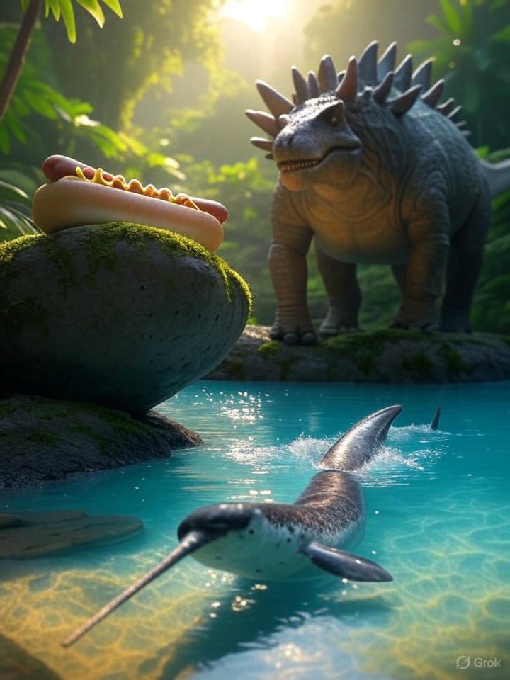 My son and I had a 25 minute car ride so instead of turning on the radio and listening to commercials we chatted with Grok voice mode

It was a fun and educational conversation about dinosaurs, hot dogs, narwhals and CRISPR technology

It even generated this picture for us

Grok!