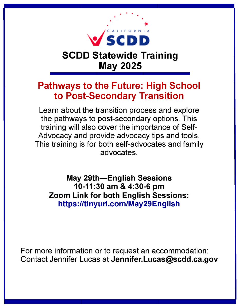 Want to know your rights and options after high school?
Join the State Council 
Sessions in Spanish:  May 27 at 10am or 4:30 pm
Join here:  tinyurl.com/May27Spanish
Sessions in English:  May 29 at 10am or 4:30pm
Register here: tinyurl.com/May29English