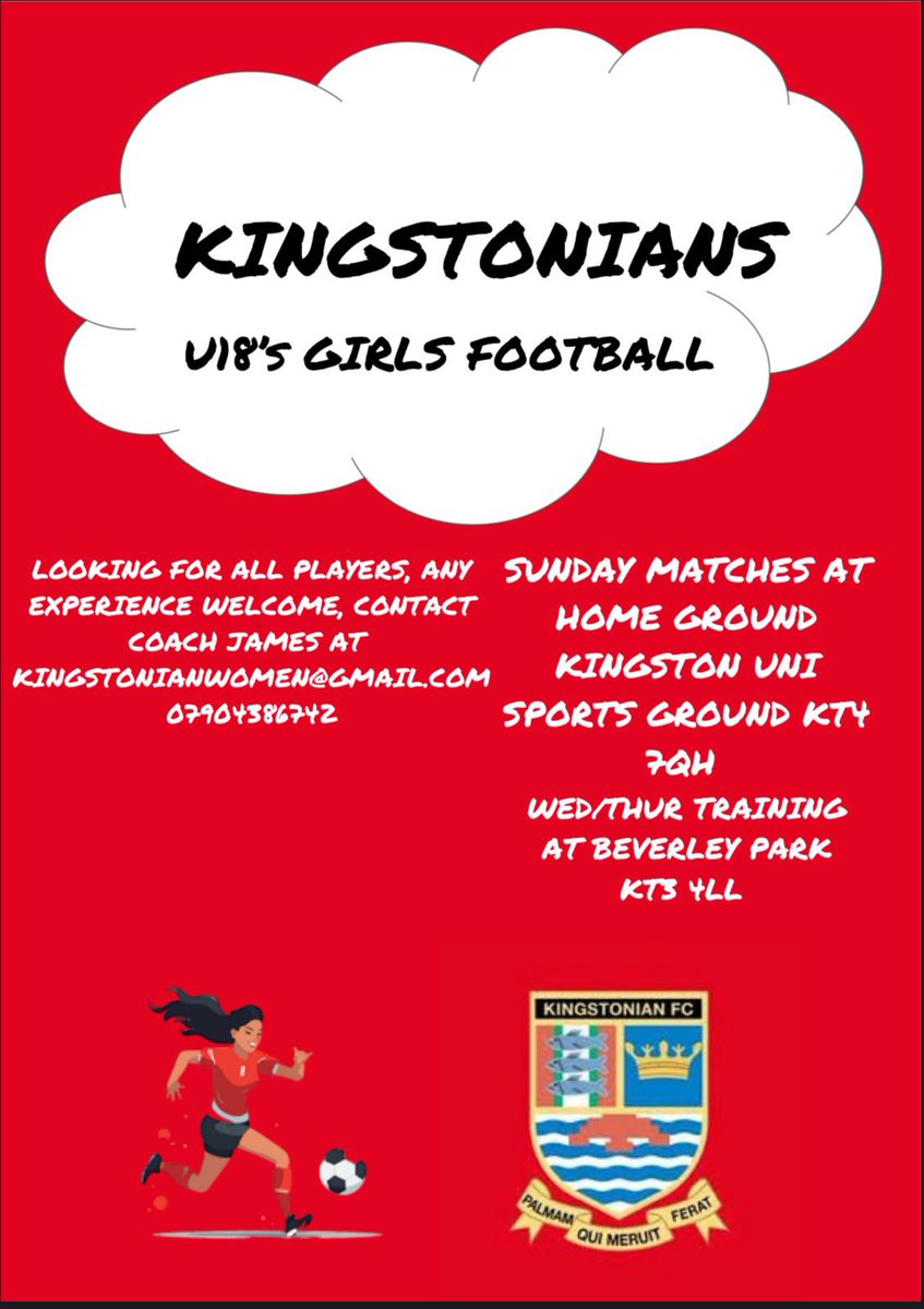 Players needed for next season <a href="/SurreySchoolsfa/">Surrey Schools FA</a> <a href="/surreyfa/">Surrey FA</a> <a href="/KingstonianFC/">Kingstonian FC</a> <a href="/KingstonianSC/">Kingstonian Supporters' Club</a> <a href="/sfca1965/">Surrey Football Coaches Association</a> <a href="/SCWGL/">Surrey County Womens & Girls League 🙋‍♀️</a>
