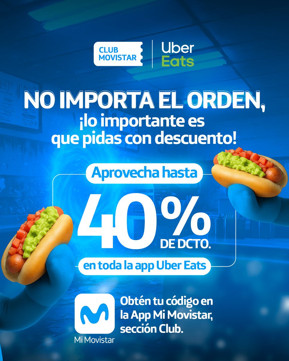 ¡Amas los completos🌭y en Movistar lo sabemos! 🩵  ¿Qué va primero? 👀 ¿La palta 🥑 o el tomate 🍅?
📲 Celebra el Día del Completo con el Club Movistar. Aprovecha hasta un 40% de dcto. Para pedir en toda la app Uber Eats. Obtén tu código en la App Mi Movistar, sección Club.
