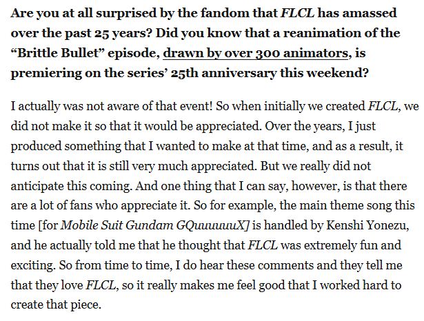 flclreanimated's tweet photo. Kazuya Tsurumaki's (creator of FLCL) thoughts on the series and FLCL Reanimated https://t.co/KTc27bTXaq